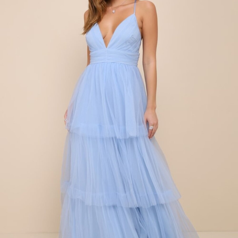 NWT Lulus Charming Glamour Light Blue Tulle Sleeveless Tiered Maxi Dress